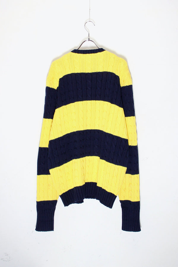 90'S CABLE BORDER COTTON KNIT SWEATER / YELLOW / NAVY [ SIZE: L USED ]