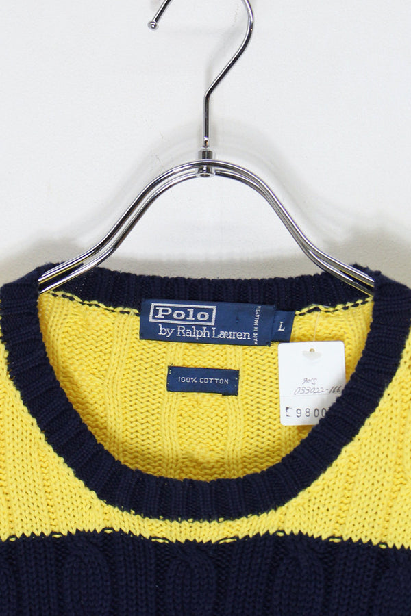 90'S CABLE BORDER COTTON KNIT SWEATER / YELLOW / NAVY [ SIZE: L USED ]