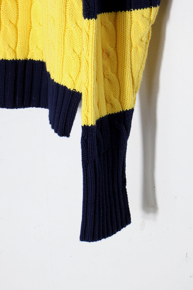 90'S CABLE BORDER COTTON KNIT SWEATER / YELLOW / NAVY [ SIZE: L USED ]