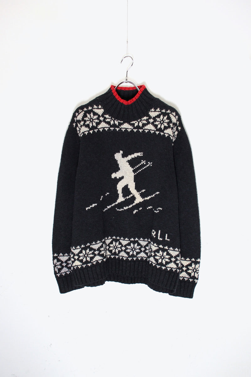 HI-NECK NORDIC PATTERN LINEN COTTON KNIT SWEATER / BLACK / WHITE / RED［ SIZE: XL USED ]