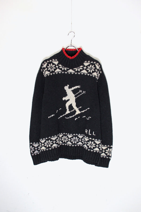 HI-NECK NORDIC PATTERN LINEN COTTON KNIT SWEATER / BLACK / WHITE / RED［ SIZE: XL USED ]