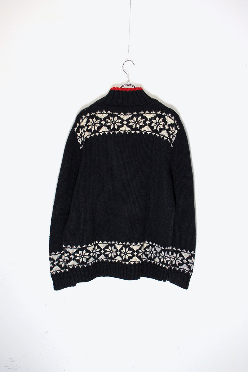 HI-NECK NORDIC PATTERN LINEN COTTON KNIT SWEATER / BLACK / WHITE / RED［ SIZE: XL USED ]