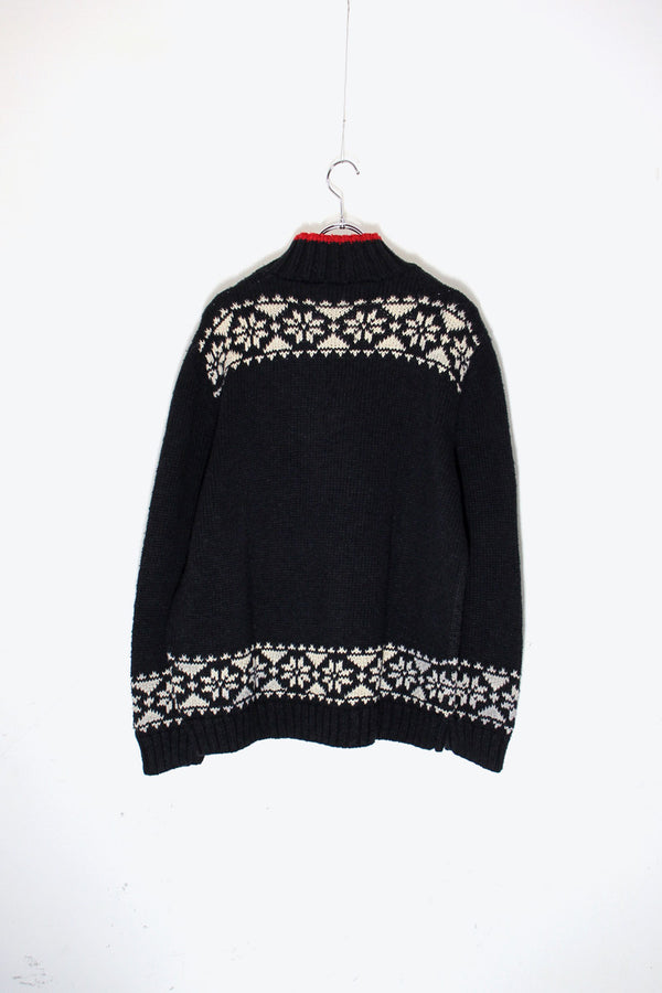 HI-NECK NORDIC PATTERN LINEN COTTON KNIT SWEATER / BLACK / WHITE / RED［ SIZE: XL USED ]