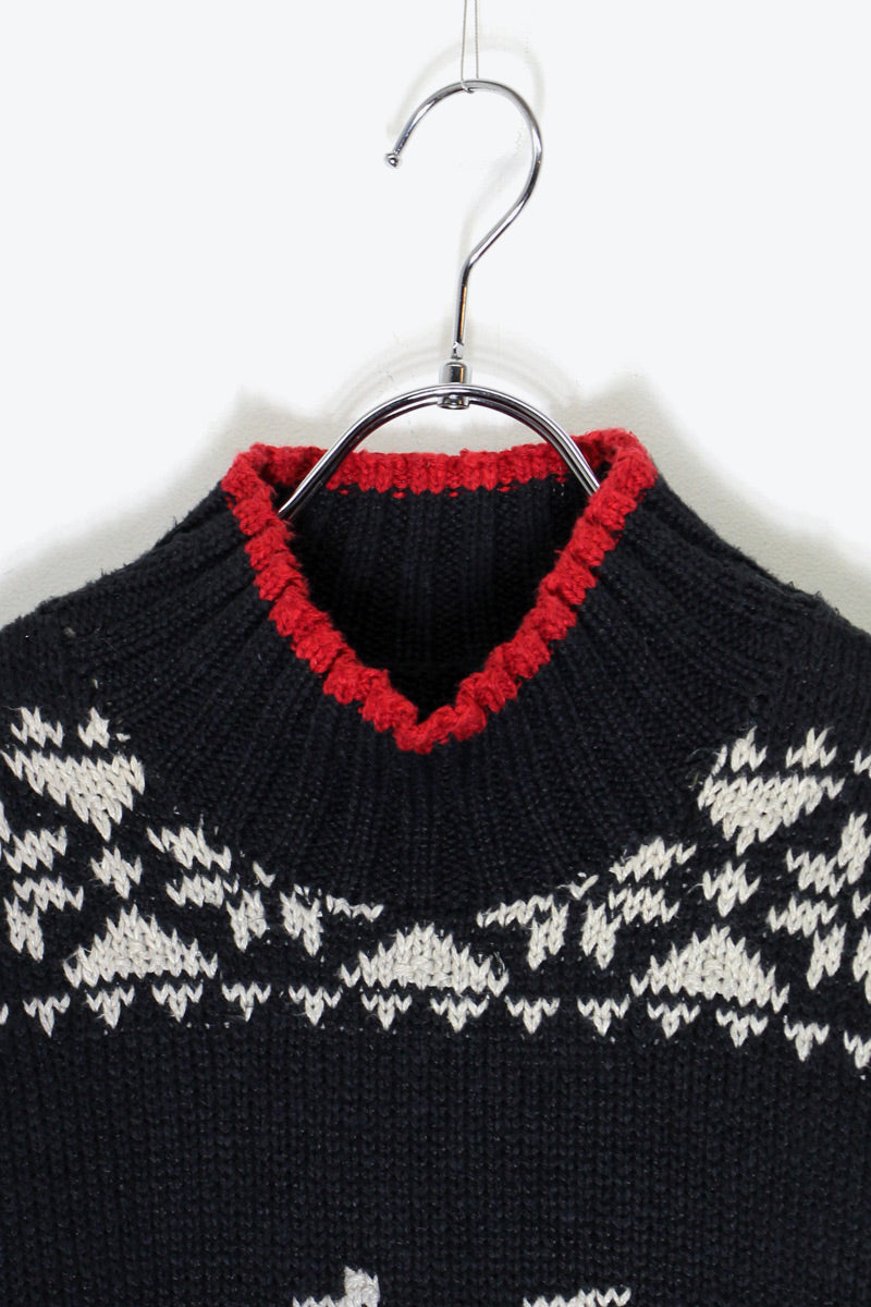 HI-NECK NORDIC PATTERN LINEN COTTON KNIT SWEATER / BLACK / WHITE / RED［ SIZE: XL USED ]
