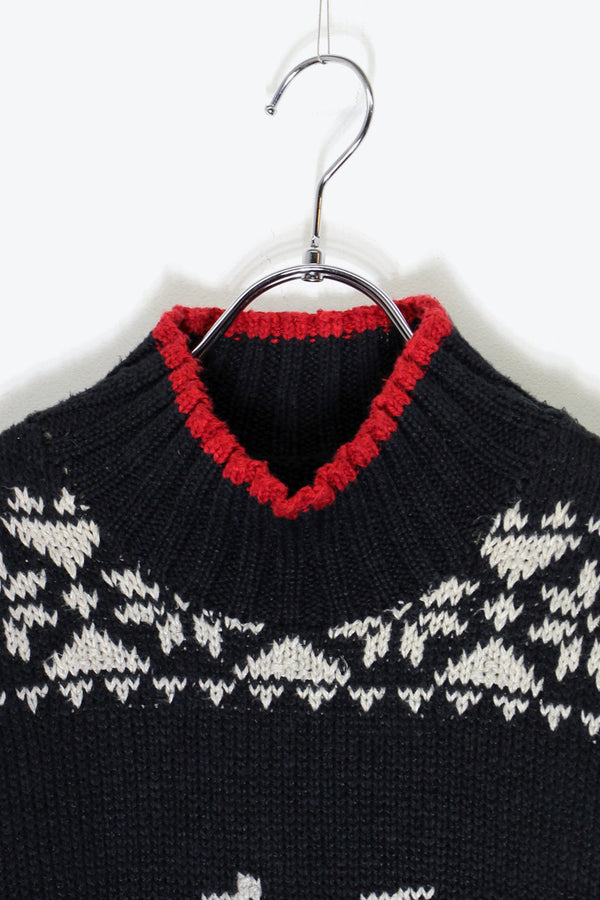 HI-NECK NORDIC PATTERN LINEN COTTON KNIT SWEATER / BLACK / WHITE / RED［ SIZE: XL USED ]