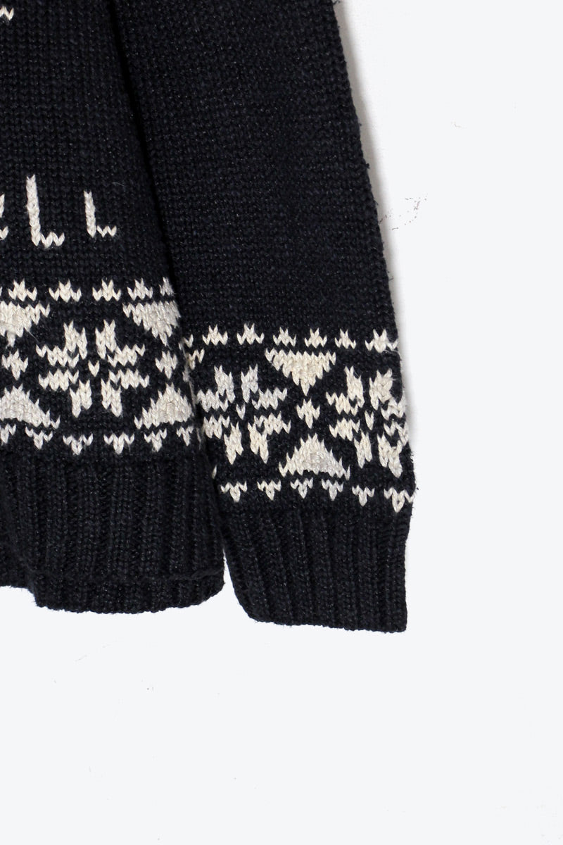 HI-NECK NORDIC PATTERN LINEN COTTON KNIT SWEATER / BLACK / WHITE / RED［ SIZE: XL USED ]