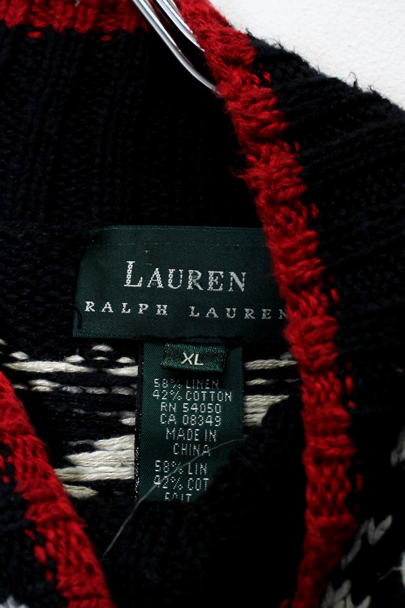 HI-NECK NORDIC PATTERN LINEN COTTON KNIT SWEATER / BLACK / WHITE / RED［ SIZE: XL USED ]