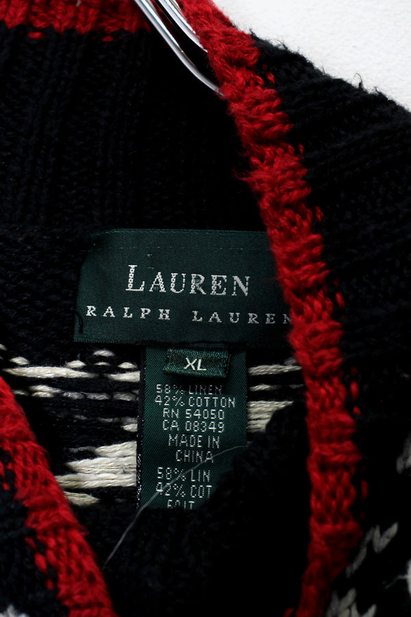 HI-NECK NORDIC PATTERN LINEN COTTON KNIT SWEATER / BLACK / WHITE / RED［ SIZE: XL USED ]