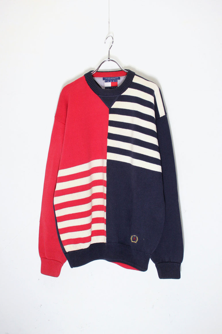 90'S COLOR BLOCK BORDER COTTON KNIT / RED / NAVY［ SIZE: XL USED ]