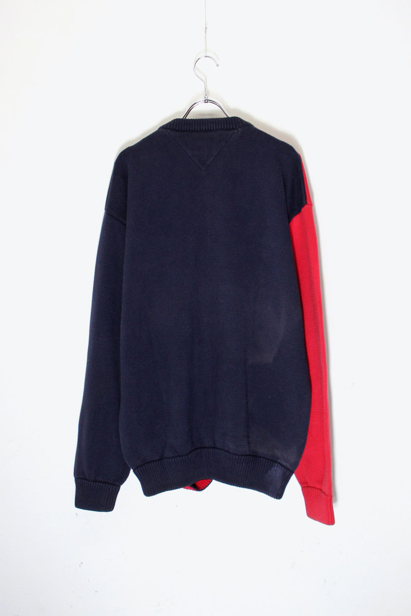 90'S COLOR BLOCK BORDER COTTON KNIT / RED / NAVY［ SIZE: XL USED ]