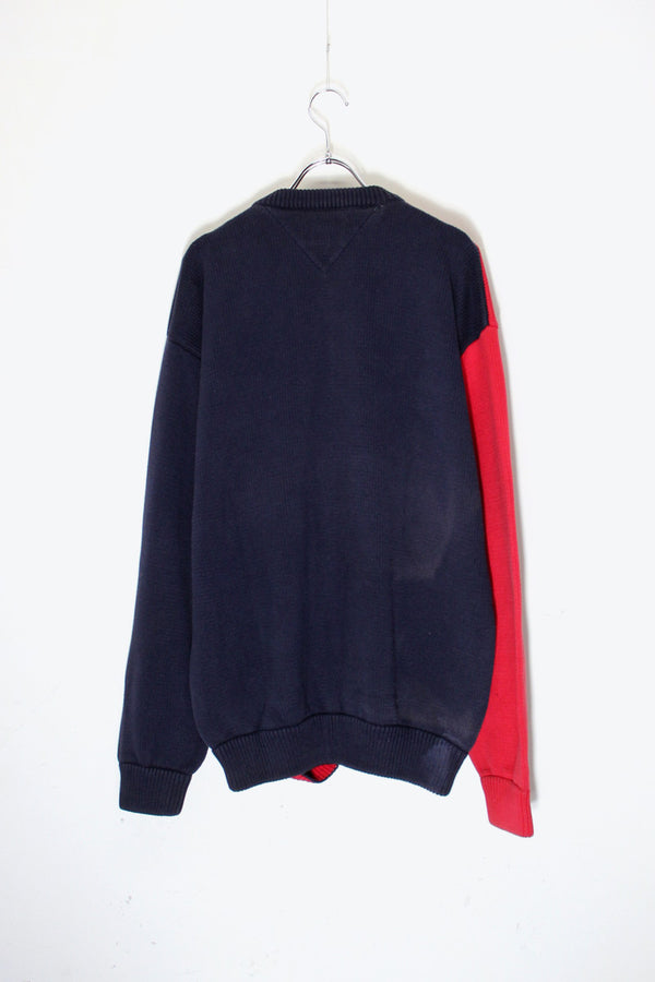 90'S COLOR BLOCK BORDER COTTON KNIT / RED / NAVY［ SIZE: XL USED ]