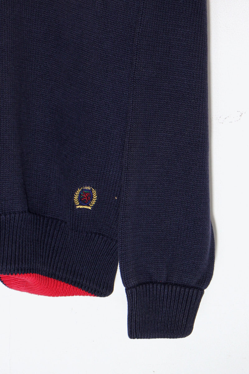 90'S COLOR BLOCK BORDER COTTON KNIT / RED / NAVY［ SIZE: XL USED ]
