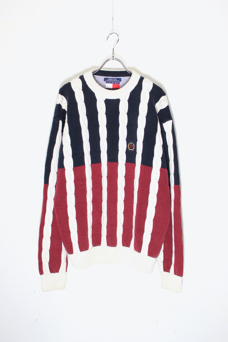 90'S COLOR BLOCK CABLE COTTON KNIT / BURGUNDY / NAVY ［ SIZE: XL USED ]