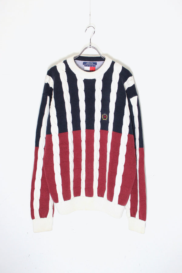 90'S COLOR BLOCK CABLE COTTON KNIT / BURGUNDY / NAVY [ SIZE: XL USED ]