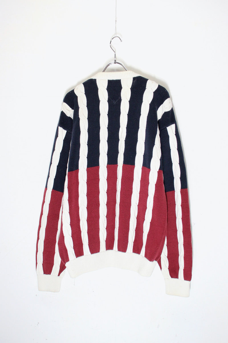 90'S COLOR BLOCK CABLE COTTON KNIT / BURGUNDY / NAVY ［ SIZE: XL USED ]