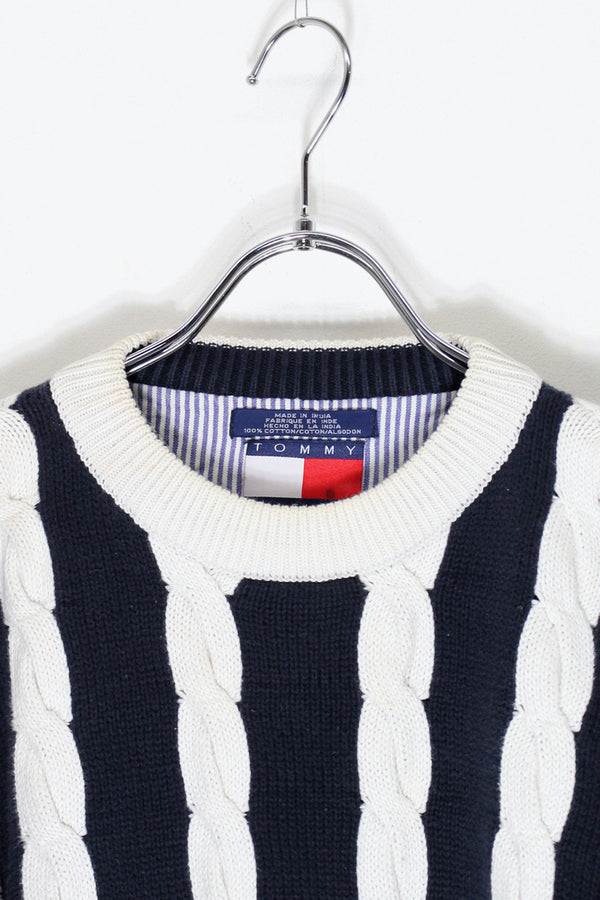 90'S COLOR BLOCK CABLE COTTON KNIT / BURGUNDY / NAVY [ SIZE: XL USED ]
