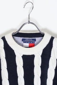 90'S COLOR BLOCK CABLE COTTON KNIT / BURGUNDY / NAVY ［ SIZE: XL USED ]
