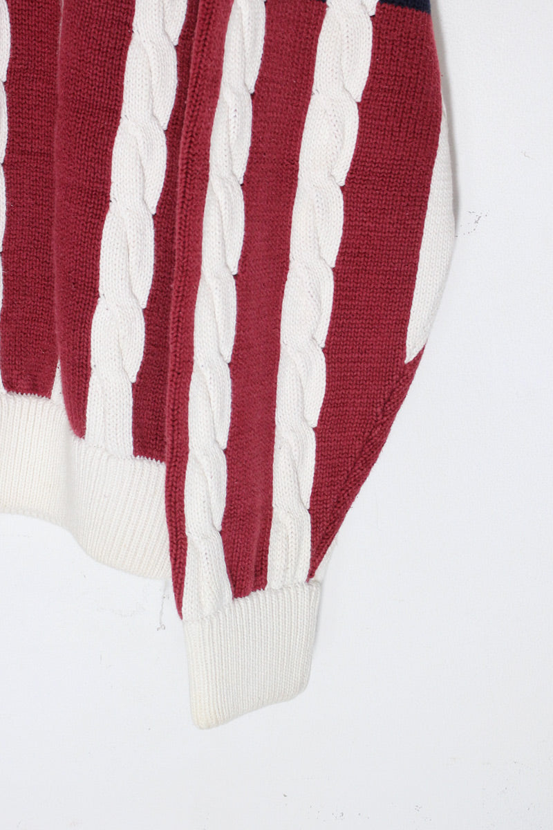 90'S COLOR BLOCK CABLE COTTON KNIT / BURGUNDY / NAVY ［ SIZE: XL USED ]