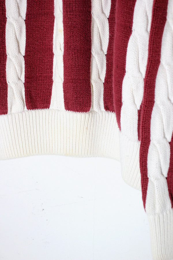 90'S COLOR BLOCK CABLE COTTON KNIT / BURGUNDY / NAVY [ SIZE: XL USED ]
