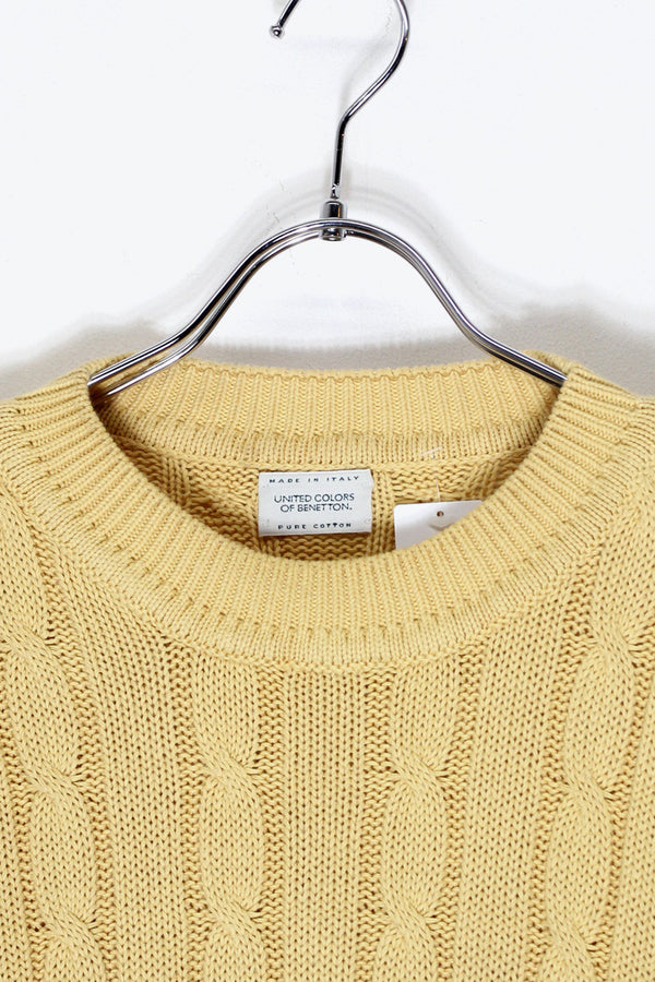 MADE IN ITALY 90'S COTTON CABLE KNIT SWEATER / YELLOW [ SIZE: L Equivalent, USED ]