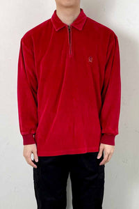 90'S L/S HALF ZIP VELOR SHIRT / RED [SIZE: L USED]