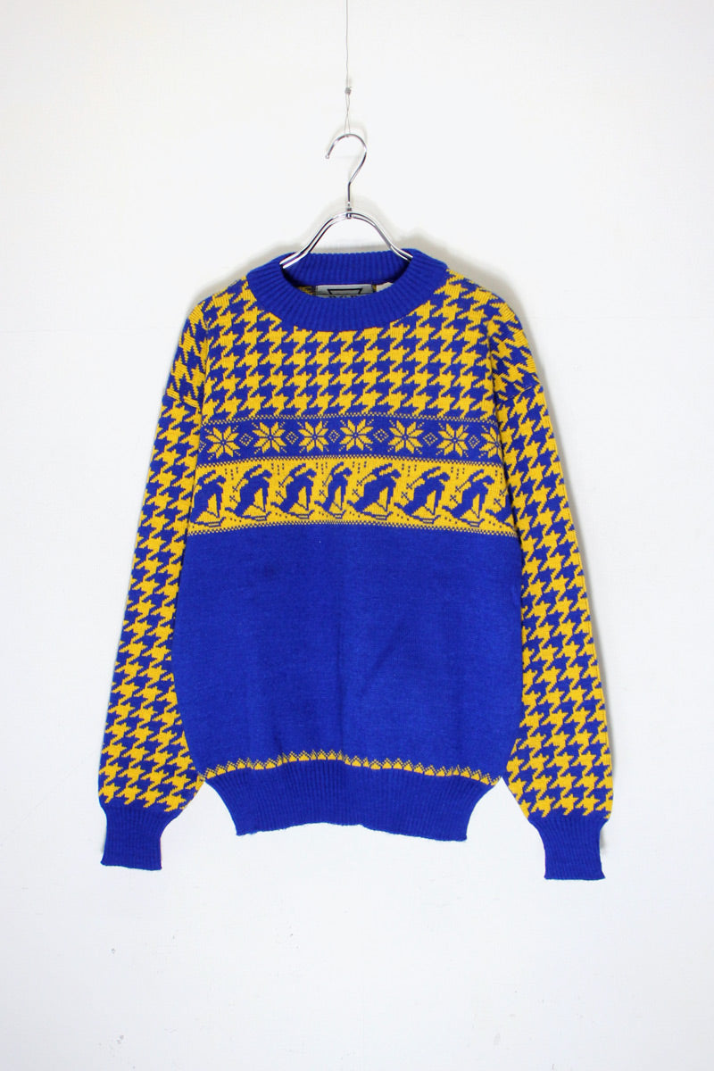 MADE IN ROMANIA 90'S NORDIC PATTERN ACRYLIC KNIT SWEATER / YELLOW / BLUE [ SIZE: M USED ]