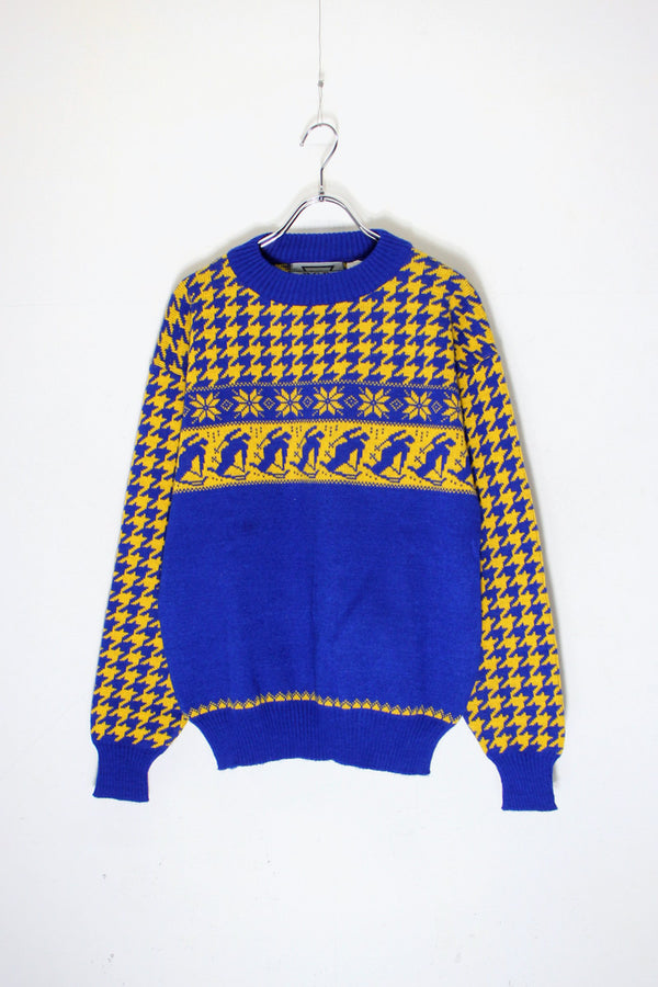 MADE IN ROMANIA 90'S NORDIC PATTERN ACRYLIC KNIT SWEATER / YELLOW / BLUE [ SIZE: M USED ]