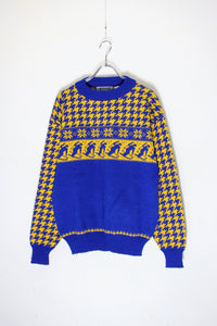 MADE IN ROMANIA 90'S NORDIC PATTERN ACRYLIC KNIT SWEATER / YELLOW / BLUE［ SIZE: M USED ]