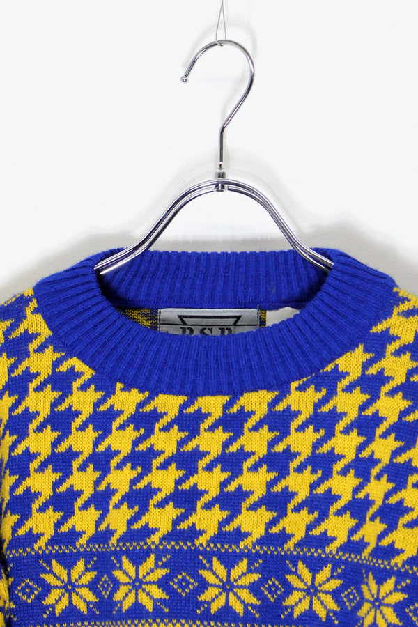 MADE IN ROMANIA 90'S NORDIC PATTERN ACRYLIC KNIT SWEATER / YELLOW / BLUE [ SIZE: M USED ]