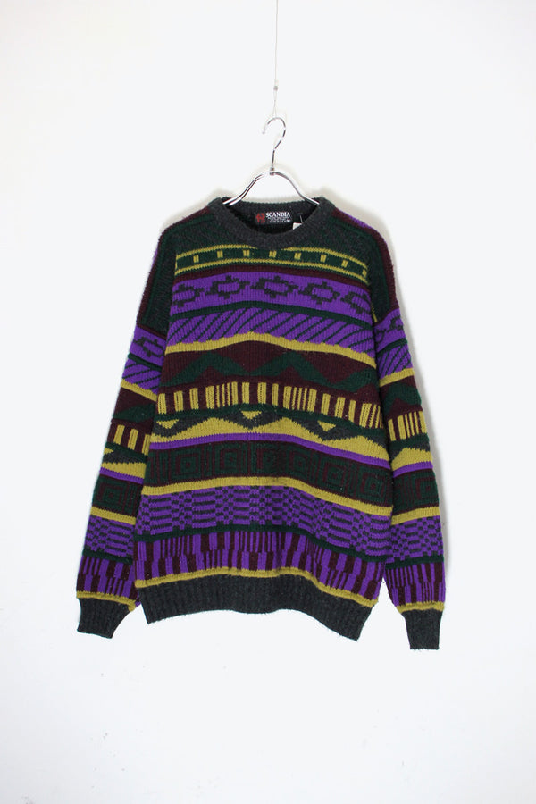 MADE IN USA 90'S DESIGN ACRYLIC KNIT SWEATER / CHARCOAL / PURPLE [ SIZE: M USED ]