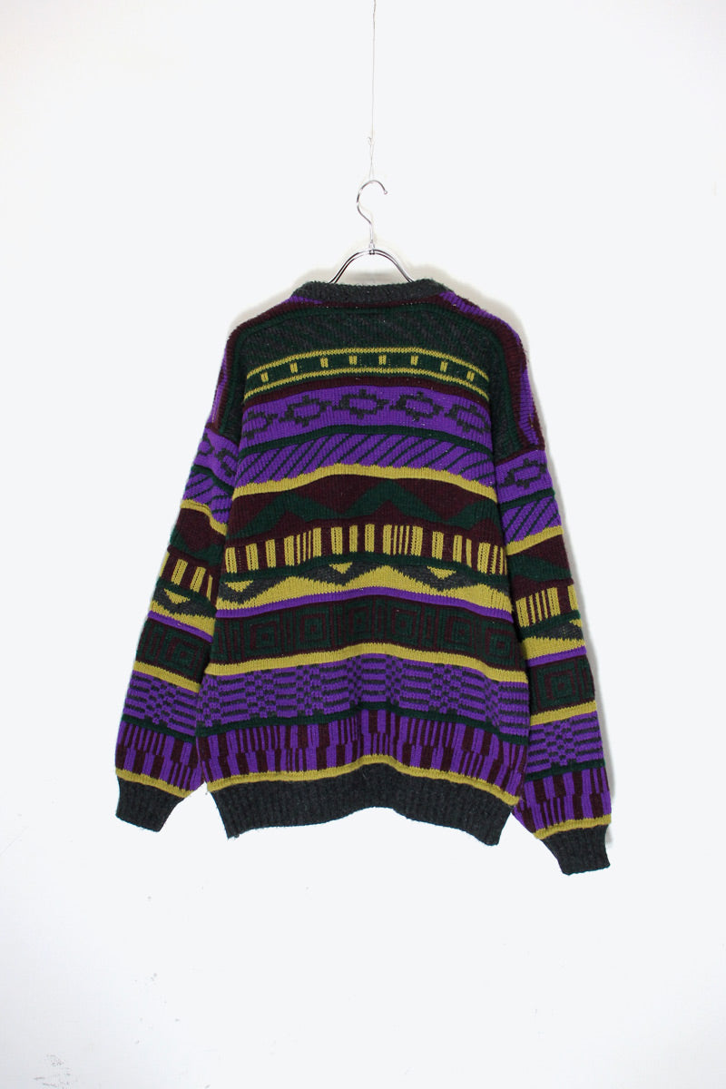 MADE IN USA 90'S DESIGN ACRYLIC KNIT SWEATER / CHARCOAL / PURPLE [ SIZE: M USED ]