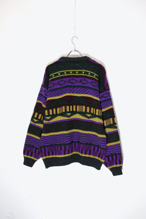 MADE IN USA 90'S DESIGN ACRYLIC KNIT SWEATER / CHARCOAL / PURPLE [ SIZE: M USED ]