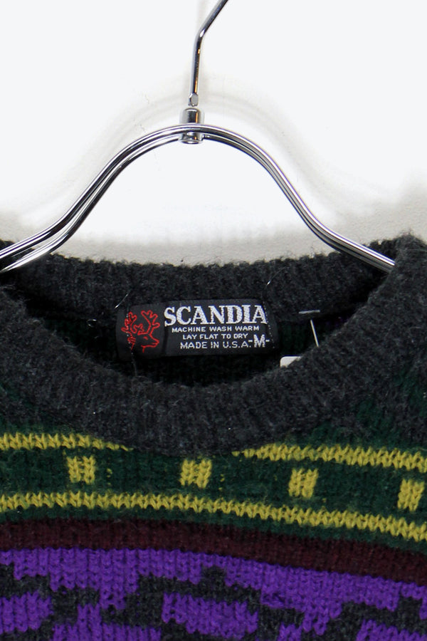 MADE IN USA 90'S DESIGN ACRYLIC KNIT SWEATER / CHARCOAL / PURPLE [ SIZE: M USED ]