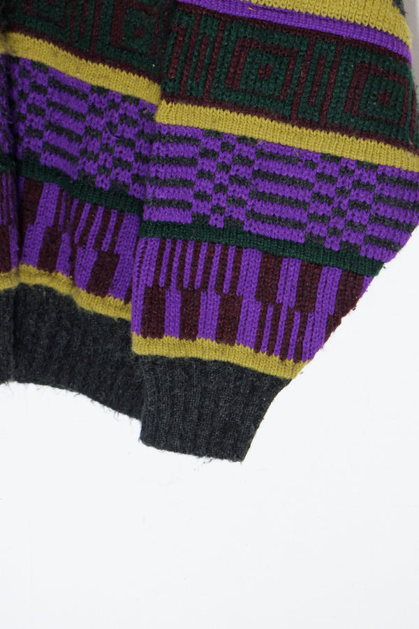 MADE IN USA 90'S DESIGN ACRYLIC KNIT SWEATER / CHARCOAL / PURPLE [ SIZE: M USED ]