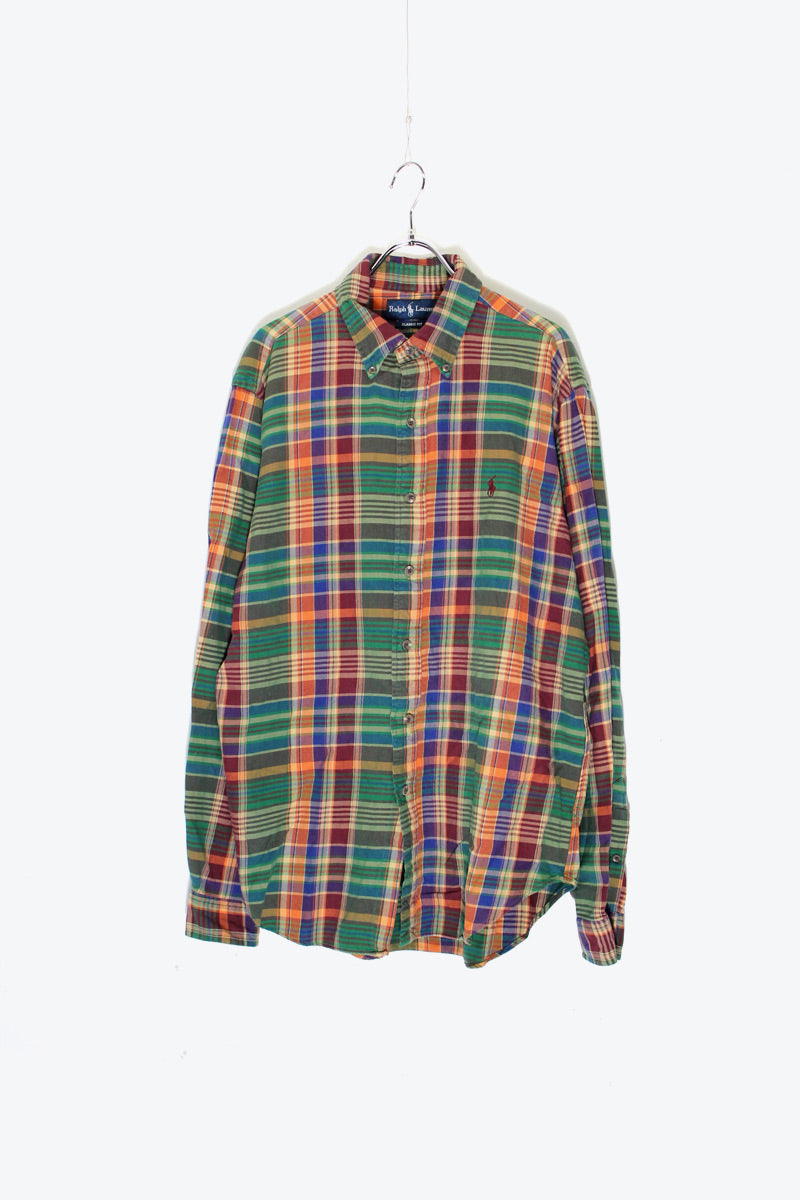 90'S L/S B.D CHECK SHIRT / GREEN / ORANGE / BURGUNDY［ SIZE: L USED ]