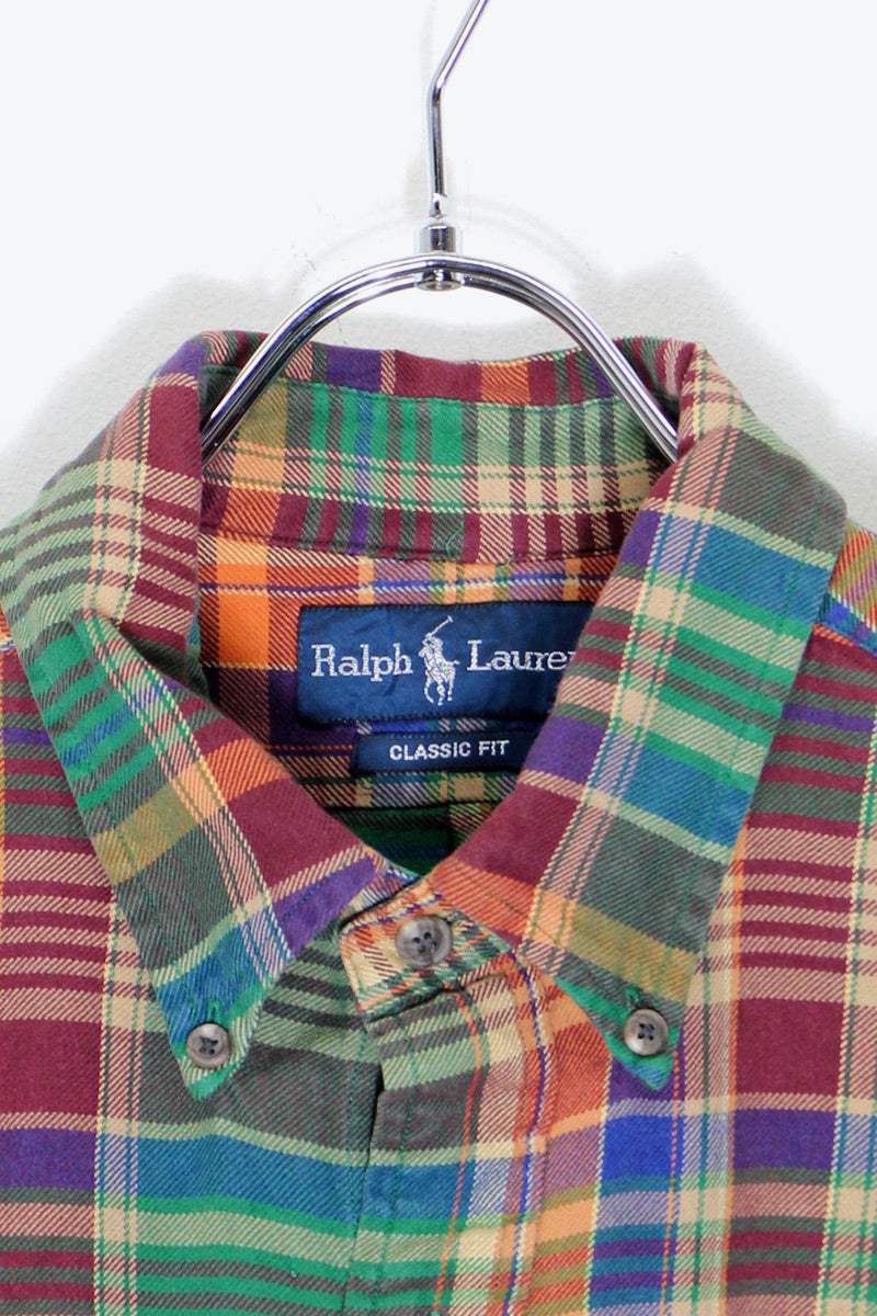 90'S L/S B.D CHECK SHIRT / GREEN / ORANGE / BURGUNDY [ SIZE: L USED ]