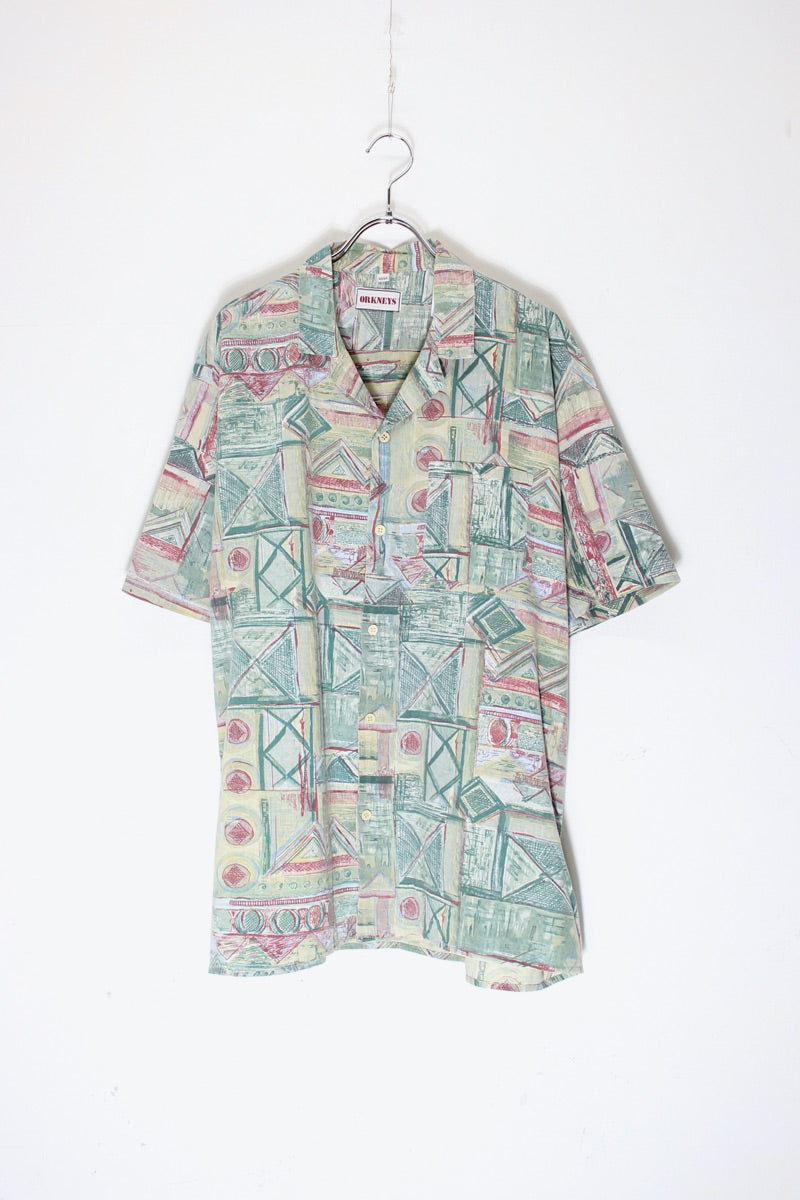 90'S S/S OPEN COLLAR POCKET DESIGN PATTERN COTTON ART SHIRT / GREEN/RED [SIZE: XL Equivalent USED]