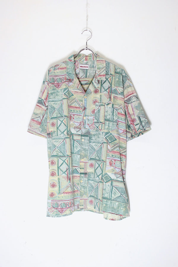 90'S S/S OPEN COLLAR POCKET DESIGN PATTERN COTTON ART SHIRT / GREEN/RED [SIZE: XL Equivalent USED]