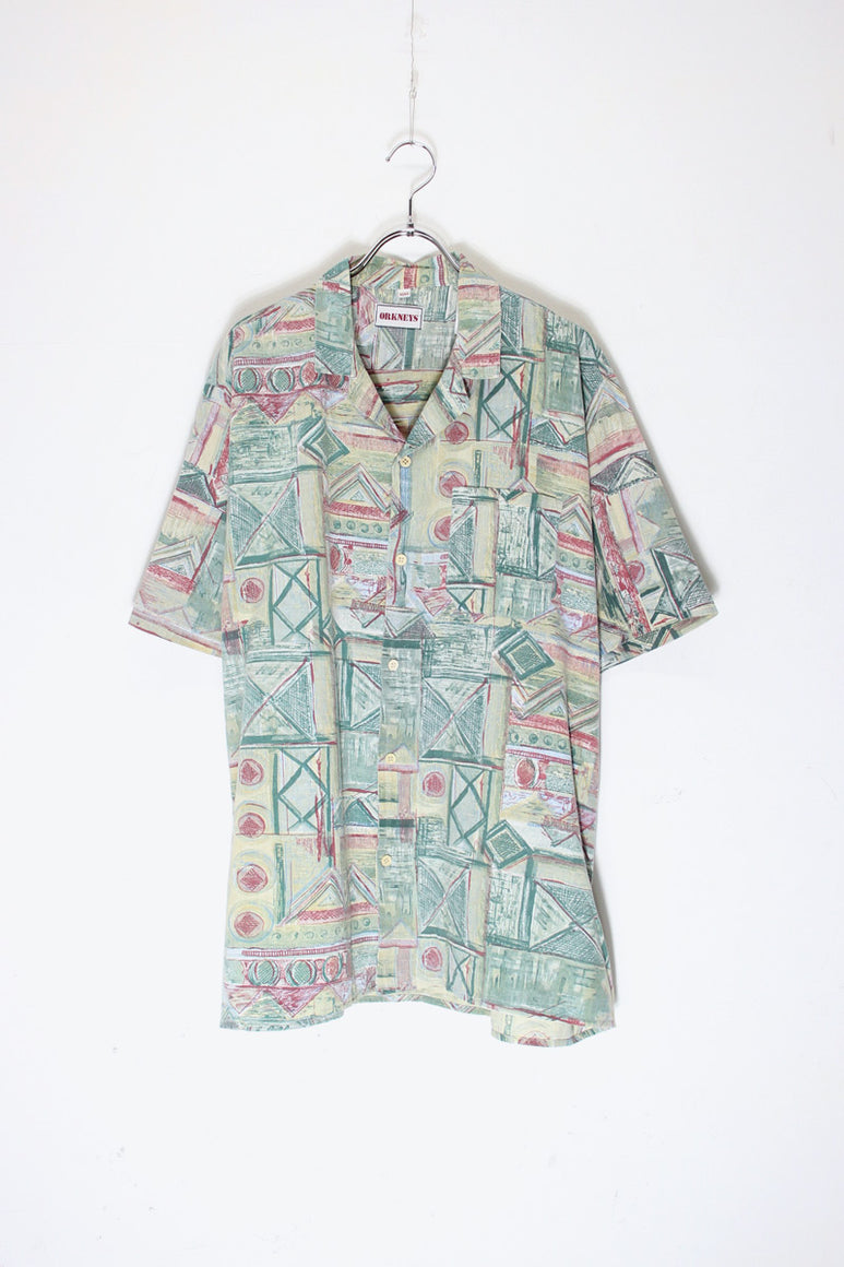 90'S S/S OPEN COLLAR POCKET DESIGN PATTERN COTTON ART SHIRT / GREEN/RED [SIZE: XL相当 USED]
