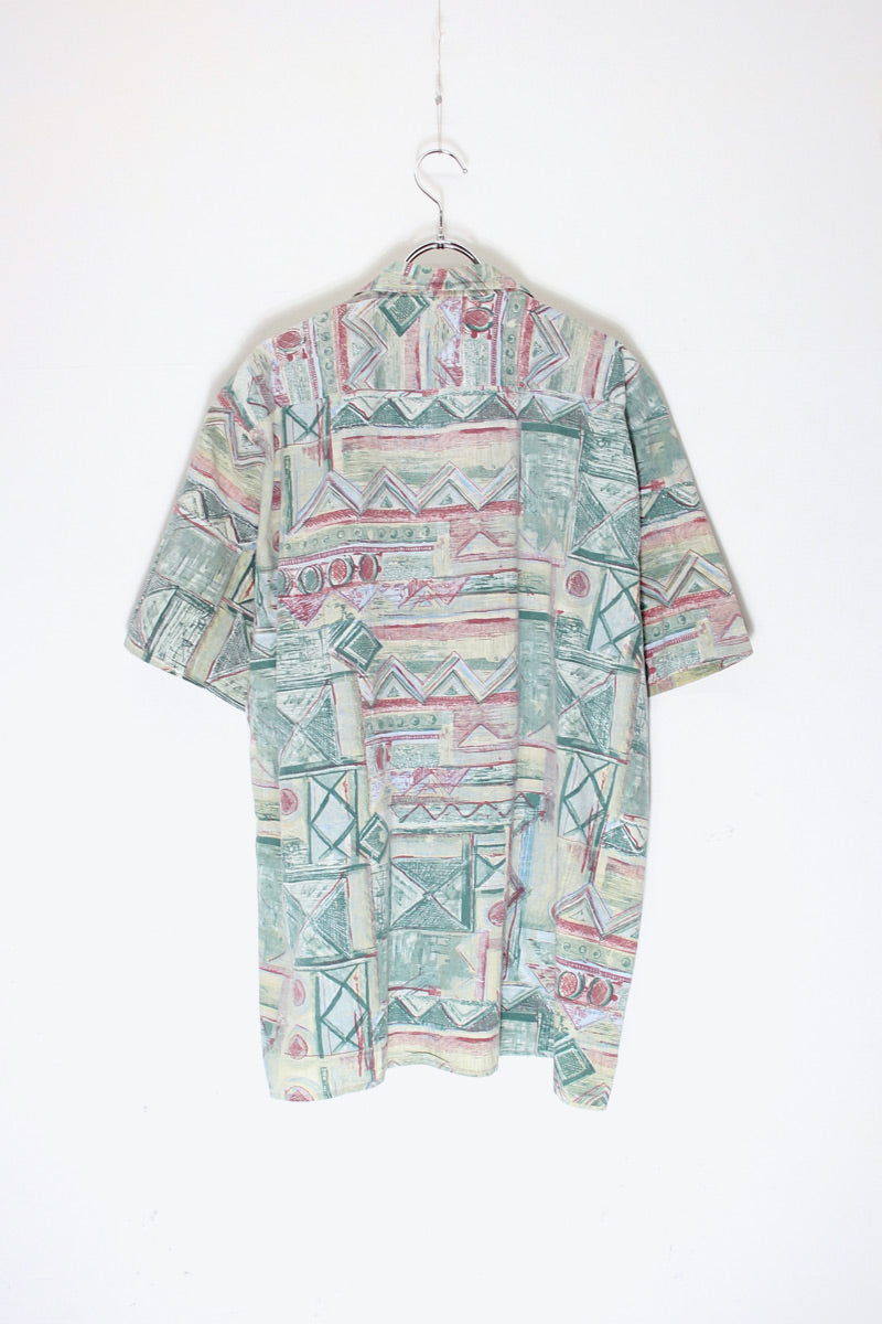 90'S S/S OPEN COLLAR POCKET DESIGN PATTERN COTTON ART SHIRT / GREEN/RED [SIZE: XL Equivalent USED]