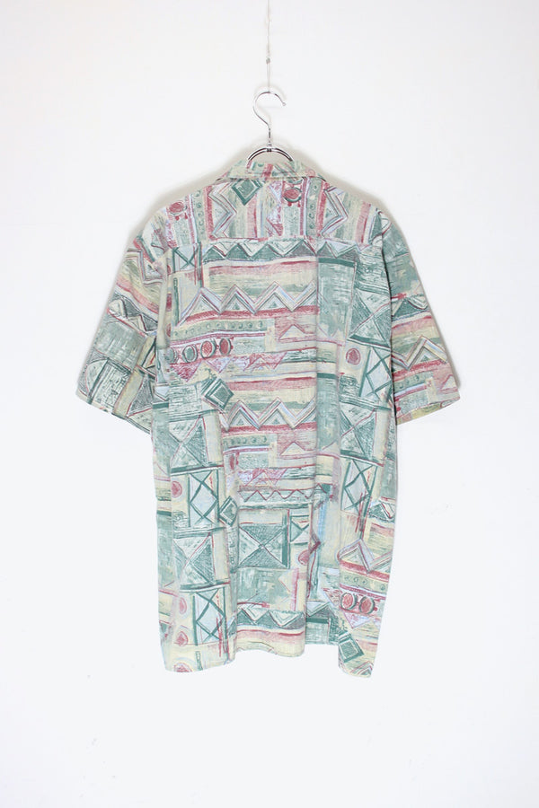 90'S S/S OPEN COLLAR POCKET DESIGN PATTERN COTTON ART SHIRT / GREEN/RED [SIZE: XL Equivalent USED]