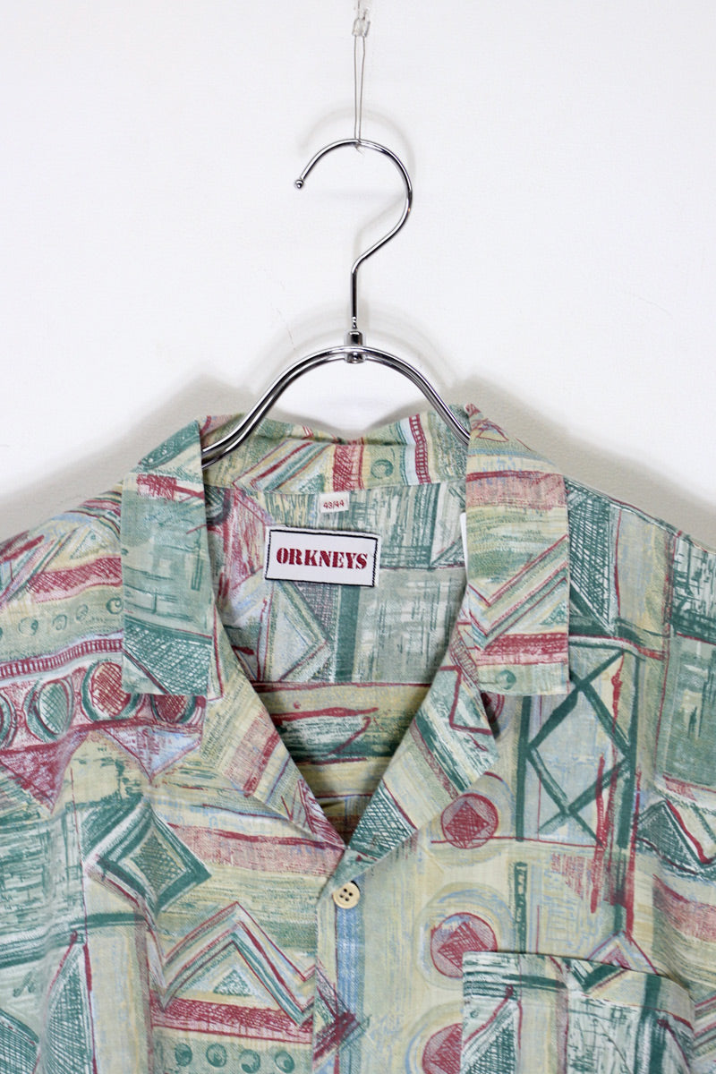 90'S S/S OPEN COLLAR POCKET DESIGN PATTERN COTTON ART SHIRT / GREEN/RED [SIZE: XL Equivalent USED]