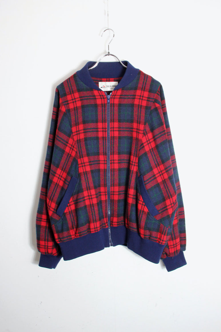 MADE IN USA 80'S WOOL ZIP CHECK JACKET / RED/NAVY [SIZE: M相当 USED]