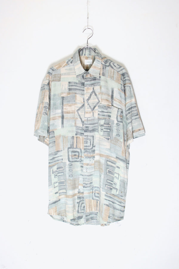 90'S S/S POCKET DESIGN PATTERN VISCOSE ART SHIRT / LIGHT GREEN/BEIGE [SIZE: L equivalent USED]
