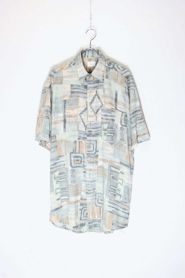90'S S/S POCKET DESIGN PATTERN VISCOSE ART SHIRT / LIGHT GREEN/BEIGE [SIZE: L相当 USED]