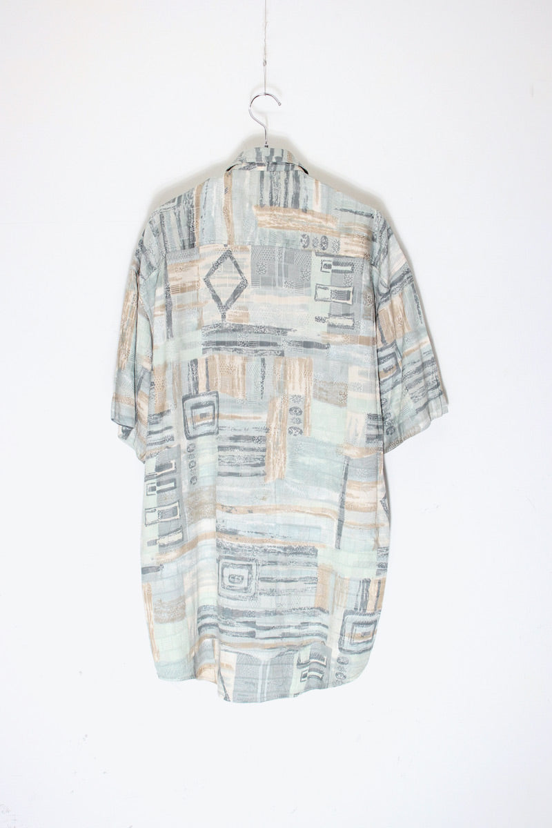 90'S S/S POCKET DESIGN PATTERN VISCOSE ART SHIRT / LIGHT GREEN/BEIGE [SIZE: L equivalent USED]