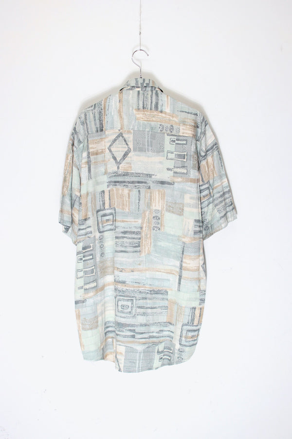 90'S S/S POCKET DESIGN PATTERN VISCOSE ART SHIRT / LIGHT GREEN/BEIGE [SIZE: L equivalent USED]
