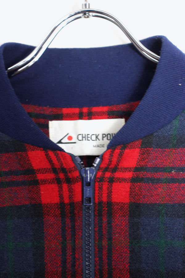 MADE IN USA 80'S WOOL ZIP CHECK JACKET / RED/NAVY [SIZE: M Equivalent USED]