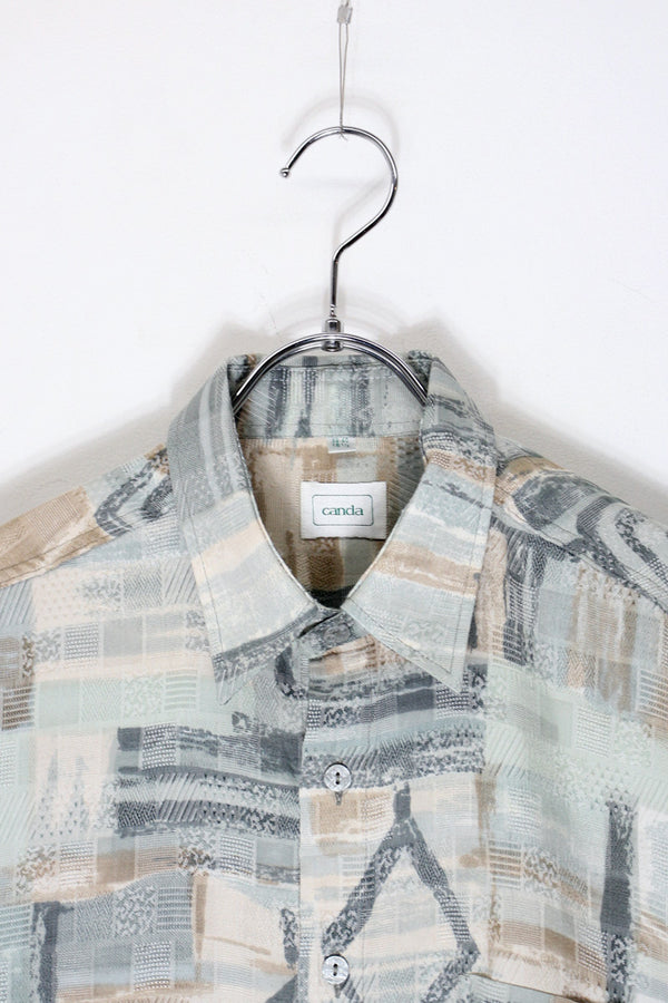 90'S S/S POCKET DESIGN PATTERN VISCOSE ART SHIRT / LIGHT GREEN/BEIGE [SIZE: L equivalent USED]