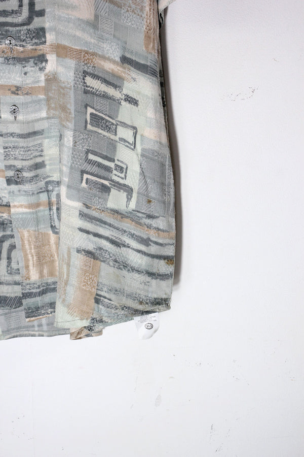 90'S S/S POCKET DESIGN PATTERN VISCOSE ART SHIRT / LIGHT GREEN/BEIGE [SIZE: L equivalent USED]